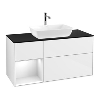 V&B Meuble sous lavabo Finion 120 cm, placage bois, laque gris, laque blanc brillant