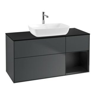 V&B Meuble sous lavabo Finion 120 cm, placage bois, laqué gris, poignée métal laqué