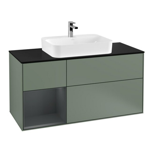 V&B Meuble sous lavabo Finion 120 cm, placage bois, laqué mat, olivier mat