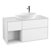 V&B Meuble sous-lavabo Finion 120 cm, placage bois m, armoire g droite blanc laqué, brillant blanc laqué