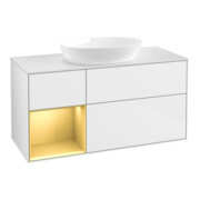 V&B Meuble sous lavabo Finion 120 cm, placage bois m, bord doré m, laque blanche brillante