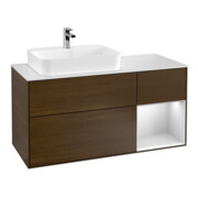 V&B Meuble sous-lavabo Finion 120 cm, placage bois m, éclairage mural, laqué blanc, noyer veinée