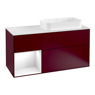 V&B Meuble sous lavabo Finion 120 cm, placage bois m, étagère gauche blanc brillant, laqué, poignée m