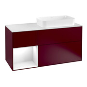 V&B Meuble sous lavabo Finion 120 cm, placage bois m, étagère gauche blanc brillant, laqué, poignée m