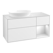 V&B Meuble sous lavabo Finion 120 cm, placage bois m, façade blanc mat, laqué blanc brillant