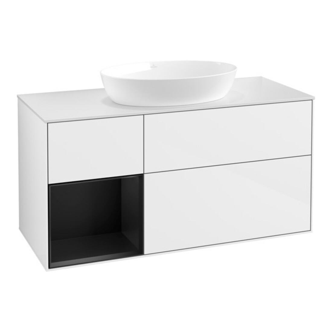 V&B Meuble sous-lavabo Finion 120 cm, placage bois m, façade bleue m Lac, blanc brillant Lac