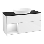 V&B Meuble sous lavabo Finion 120 cm, placage bois m, façade gris mat, laqué blanc brillant