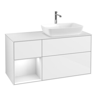 V&B Meuble sous lavabo Finion 120 cm, placage bois m, face gris clair laqué, blanc brillant laqué