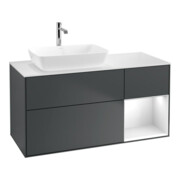 V&B Meuble sous lavabo Finion 120 cm, placage bois m, laqué gris clair, avec éclairage mural