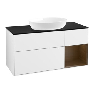 V&B Meuble sous lavabo Finion 120 cm, placage bois m, noyer régulier, blanc brillant. Lac