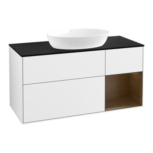 V&B Meuble sous lavabo Finion 120 cm, placage bois m, noyer régulier, blanc brillant. Lac