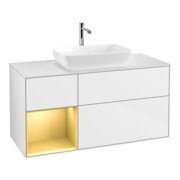 V&B Meuble sous lavabo Finion 120 cm, placage bois m, poignée or m, laque blanc brillant-1