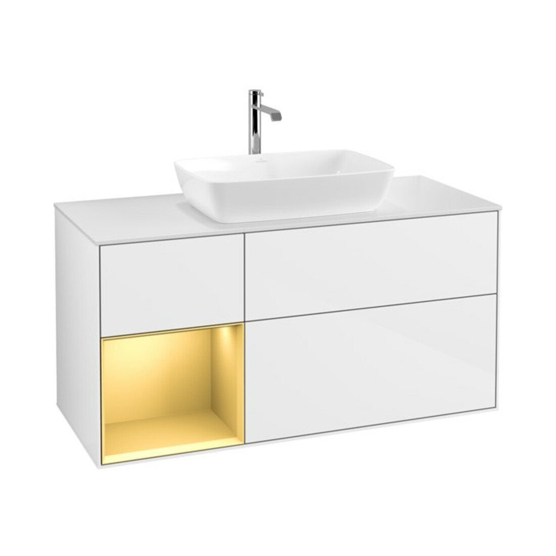 V&B Meuble sous lavabo Finion 120 cm, placage bois m, poignée or m, laque blanc brillant