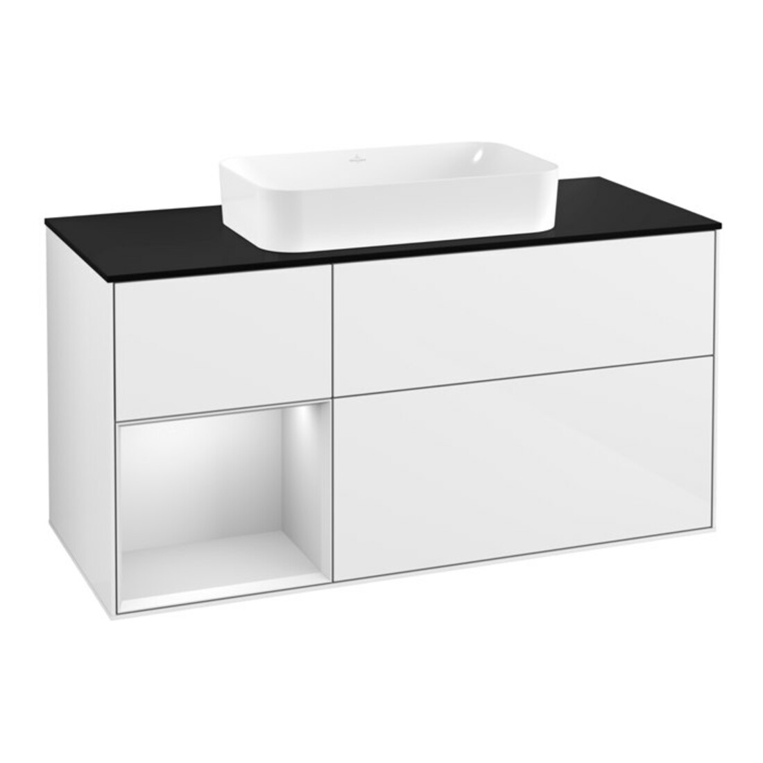 V&B Meuble sous lavabo Finion 120 cm, placage bois m, rangée latérale blanche m, laqué brillant