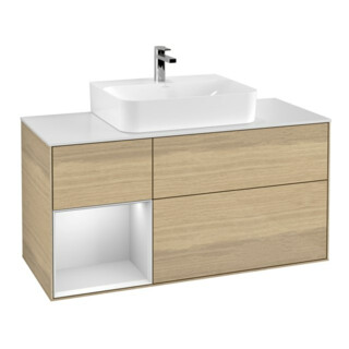 V&B Meuble sous-lavabo Finion 120 cm, placage bois m, tiroir gauche blanc m Lac, Oa ven