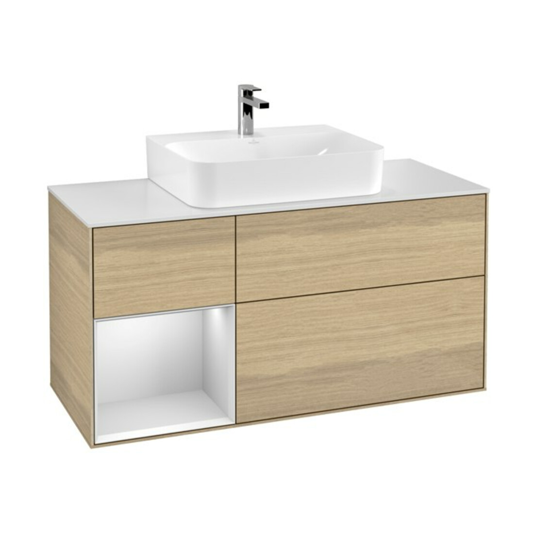 V&B Meuble sous-lavabo Finion 120 cm, placage bois m, tiroir gauche blanc m Lac, Oa ven