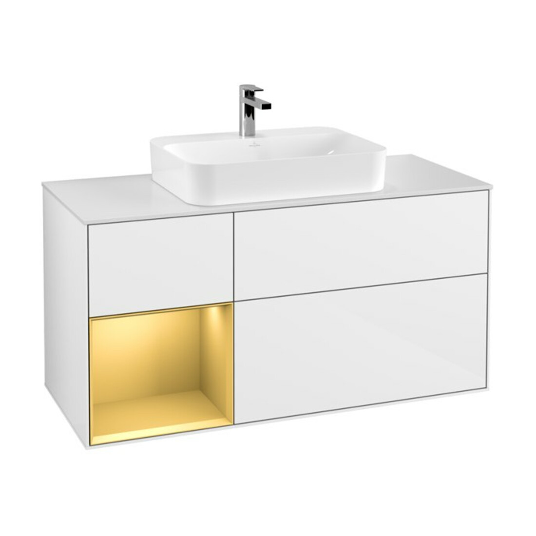 V&B Meuble sous lavabo Finion 120 cm, placage bois m, tiroir gauche, brillant blanc. Lac
