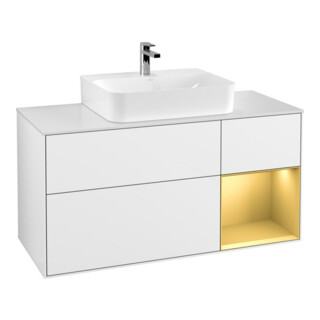 V&B Meuble sous-lavabo Finion 120 cm, placage bois m, tiroir réglable m, blanc brillant. Laqué