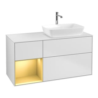 V&B Meuble sous lavabo Finion 120 cm, placage bois m, tiroirs dorés m laque, blanc m laque