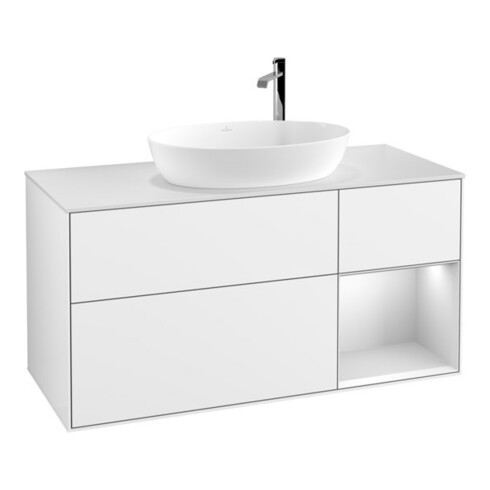 V&B Meuble sous lavabo Finion 120 cm, placage bois marron, façade blanche laquée, corps blanc laqué brillant