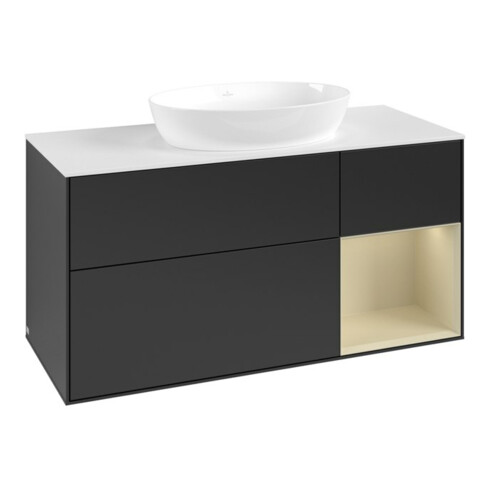 V&B Meuble sous lavabo Finion 120 cm, placage bois marron, face gris mat laqué, blanc mat laqué