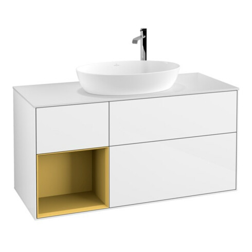 V&B Meuble sous-lavabo Finion 120 cm, placage bois massif, laqué or mat, laqué blanc brillant