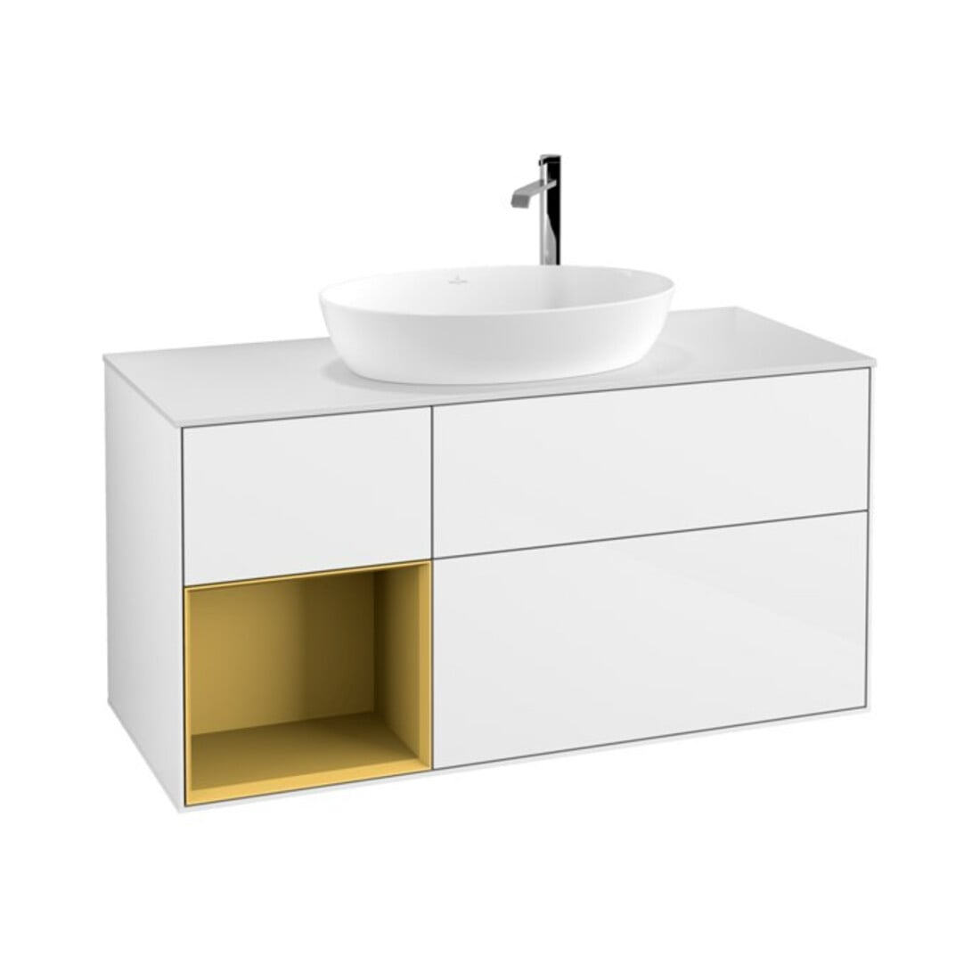 V&B Meuble sous-lavabo Finion 120 cm, placage bois massif, laqué or mat, laqué blanc brillant