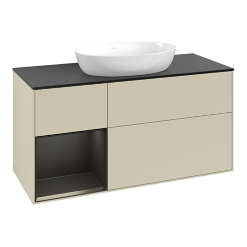 V&B Meuble sous lavabo Finion 120 cm, placage bois mat, face bleue mate laquée, côtés gris mat laqués