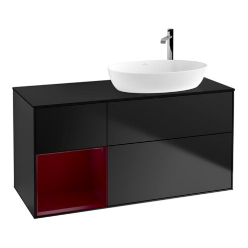 V&B Meuble sous lavabo Finion 120 cm, placage bois mat, tiroir laqué, bleu laqué