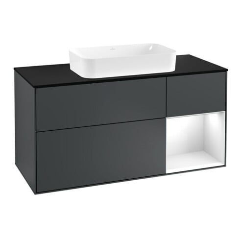 V&B Meuble sous lavabo Finion 120 cm, placage bois merisier, laqué blanc, avec bleu mat