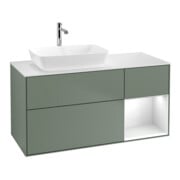 V&B Meuble sous lavabo Finion 120 cm, placage bois merisier, laqué blanc, poignée métal laqué
