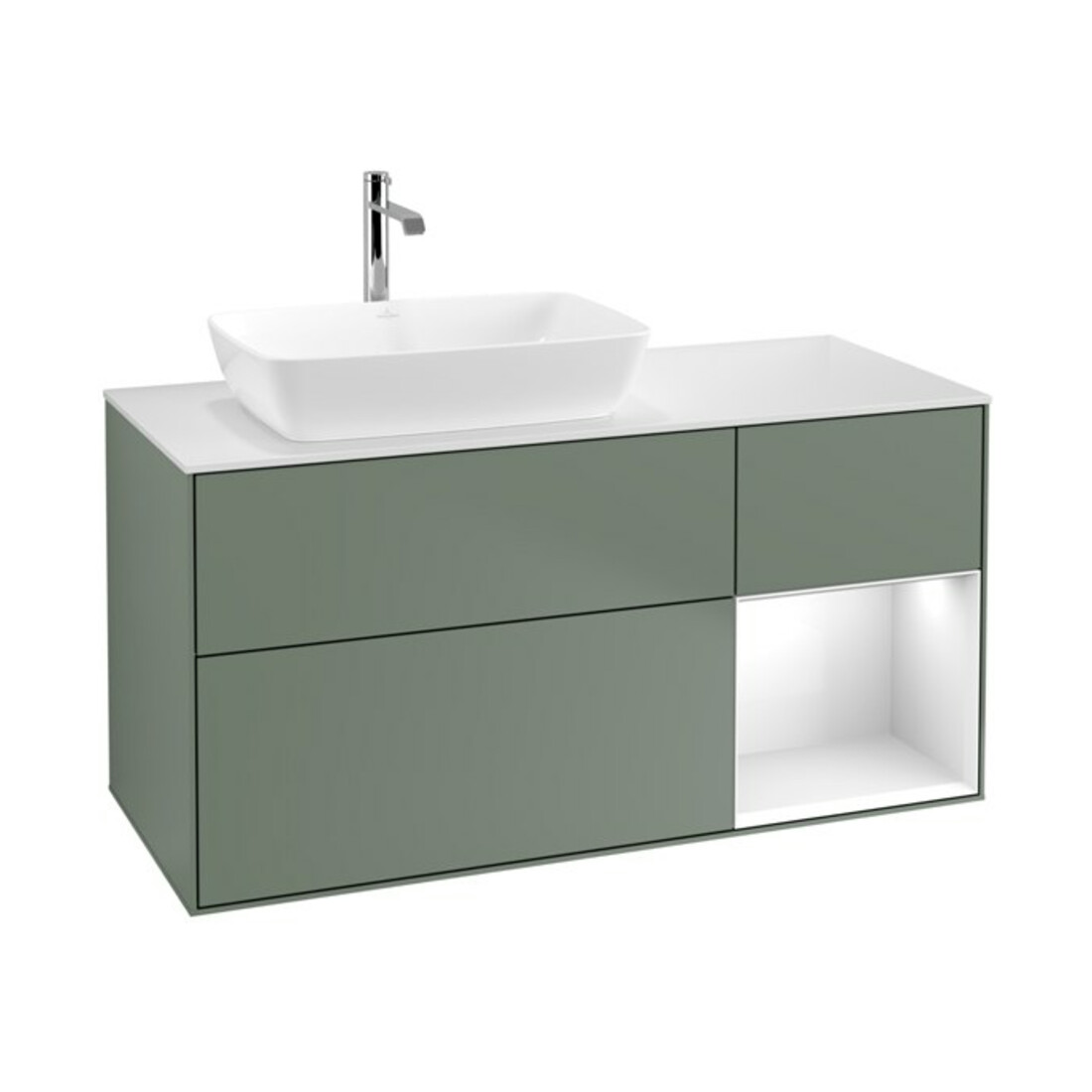 V&B Meuble sous lavabo Finion 120 cm, placage bois merisier, laqué blanc, poignée métal laqué