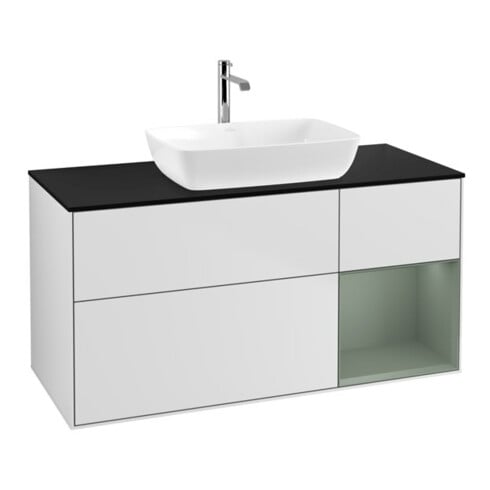 V&B Meuble sous lavabo Finion 120 cm, placage bois moyen, étagère huilée, laque blanche
