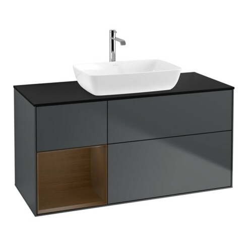 V&B Meuble sous lavabo Finion 120 cm, placage bois, noyer régulier, bleu mat laqué