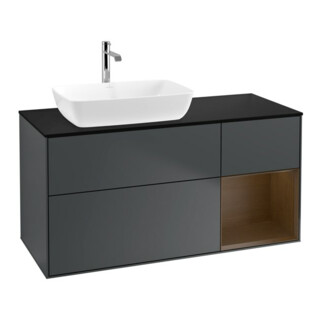 V&B Meuble sous lavabo Finion 120 cm, placage bois, noyer verni, façade bleu mat laqué