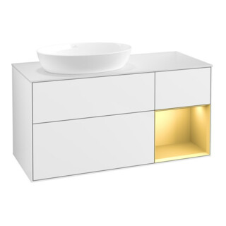 V&B Meuble sous lavabo Finion 120 cm, placage bois, poignée dorée mate, laqué blanc brillant