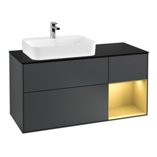 V&B Meuble sous lavabo Finion 120 cm, placage bois, poignée droite, mat bleu, mat laqué