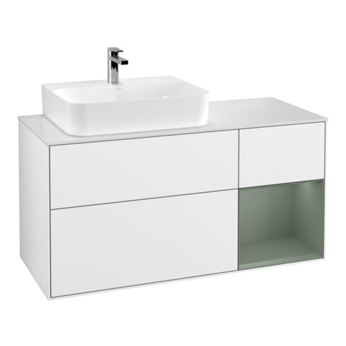 V&B Meuble sous lavabo Finion 120 cm, placage bois, poignée en laiton, blanc brillant