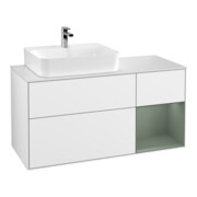 V&B Meuble sous lavabo Finion 120 cm, placage bois, poignée en laiton, blanc brillant