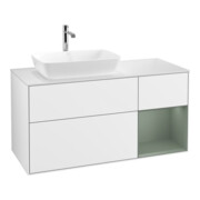 V&B Meuble sous lavabo Finion 120 cm, placage bois, poignée en laiton, laque blanche brillante