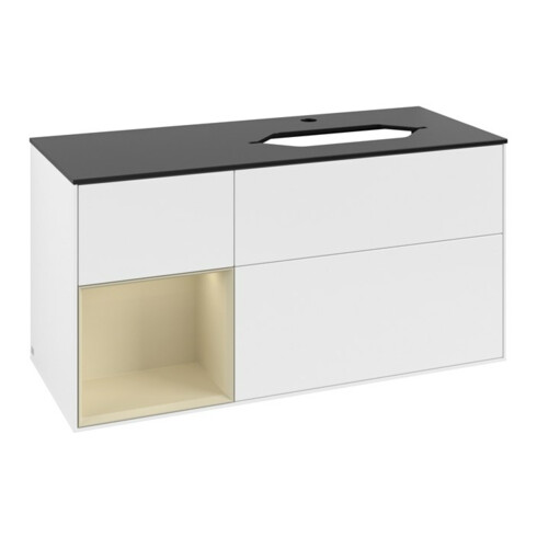 V&B Meuble sous lavabo Finion 120 cm, placage bois, poignée latérale, blanc mat laqué