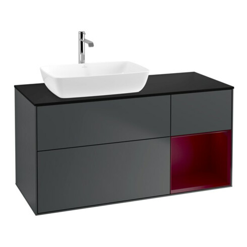 V&B Meuble sous lavabo Finion 120 cm, placage bois, poignée Peo, laqué mat bleu