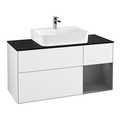 V&B Meuble sous lavabo Finion 120 cm, placage bois, poignée rainurée, blanc brillant Lac