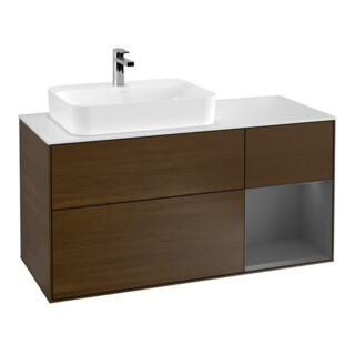 V&B Meuble sous lavabo Finion 120 cm, placage bois, porte droite anthracite, poignée bois