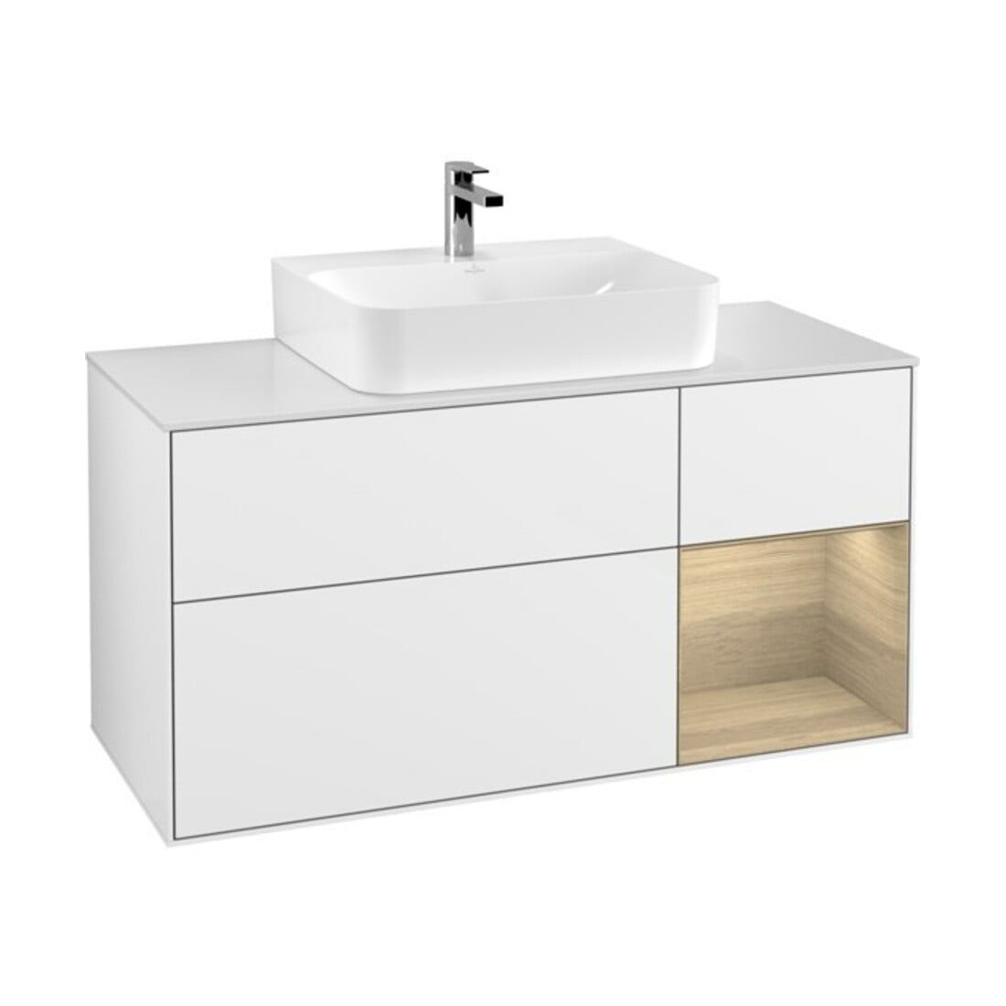 V&B Meuble sous lavabo Finion 120 cm, placage bois, porte droite, blanc brillant Lac