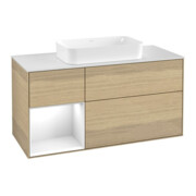 V&B Meuble sous-lavabo Finion 120 cm, placage bois, porte gauche, blanc brillant, laqué, ouverture à pression