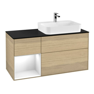 V&B Meuble sous lavabo Finion 120 cm, placage bois, porte gauche, blanc brillant, ouverture à main