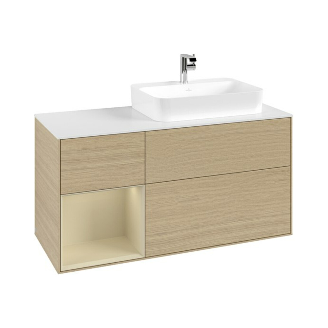 V&B Meuble sous lavabo Finion 120 cm, placage bois, porte gauche, gris mat laqué, ouverture à ven