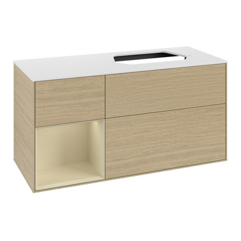 V&B Meuble sous lavabo Finion 120 cm, placage bois, porte gauche, gris mat laqué, ouverture à ven