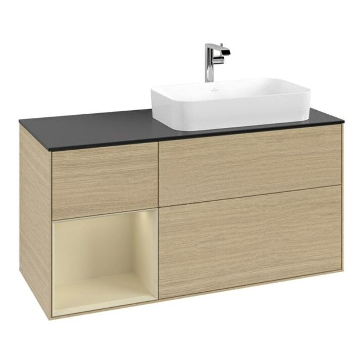 V&B Meuble sous lavabo Finion 120 cm, placage bois, porte gauche, gris mat laqué, ouverture ven